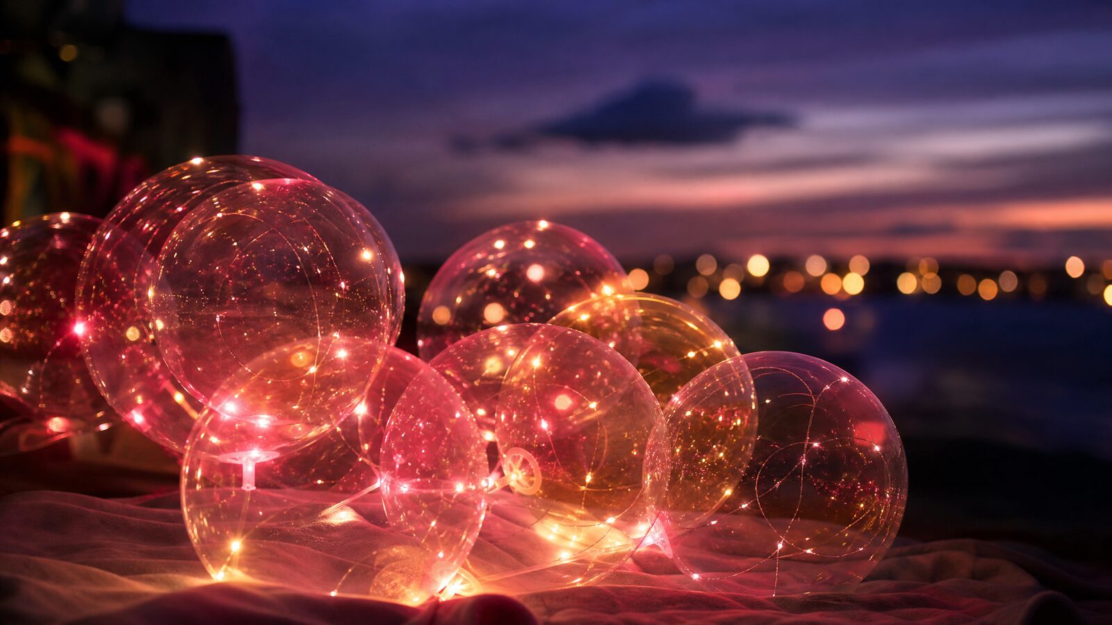 Sfeervolle gloeiende lichtballon-alternatieven tegen warme avondlucht, zonder mensen