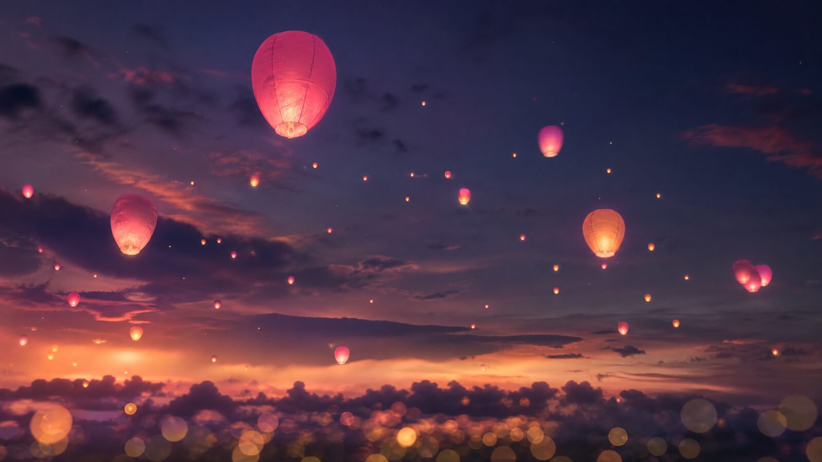 Gloeiende lichtballonnen tegen een violet-indigo schemerlucht