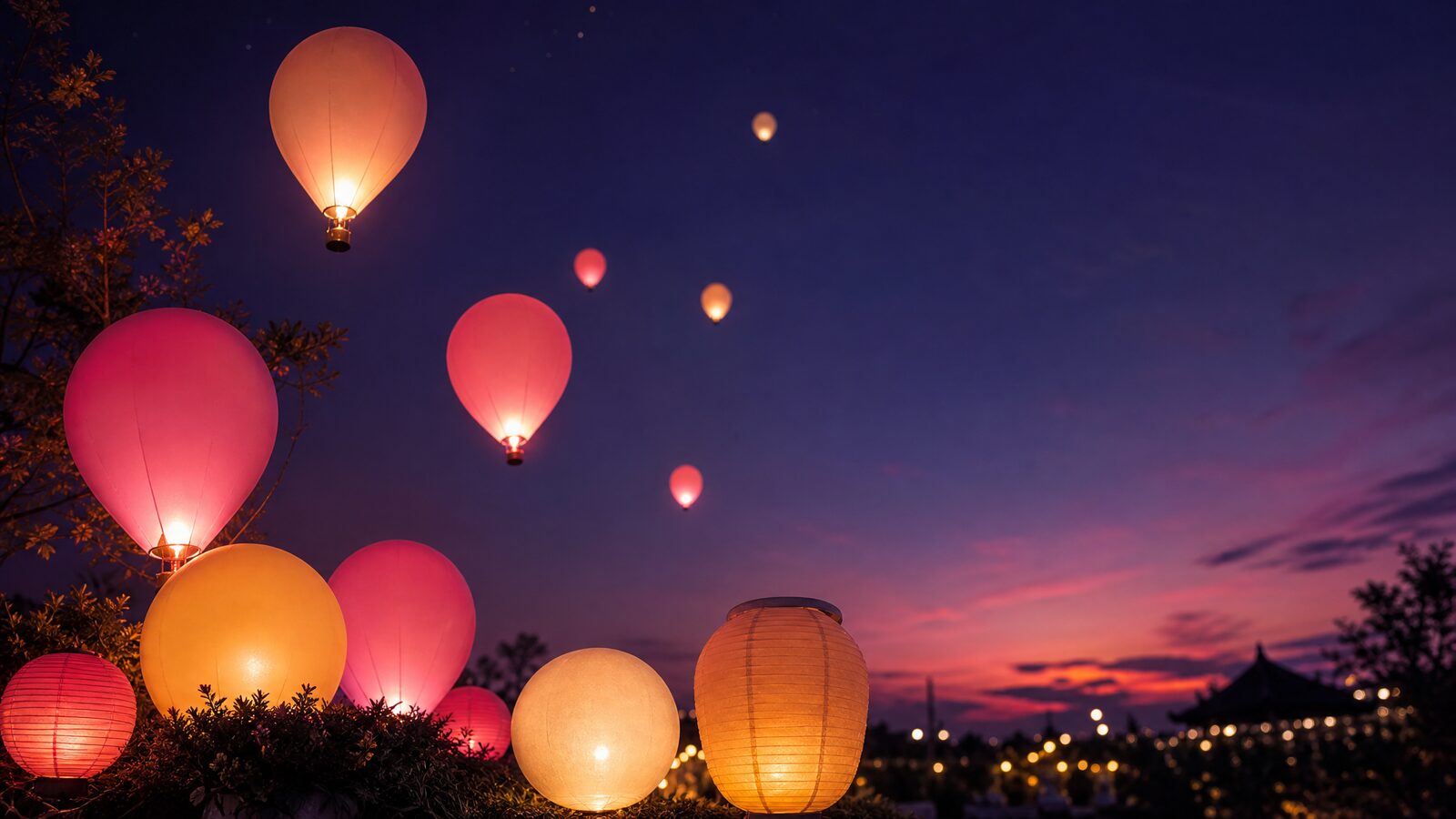 Sfeervolle gloeiende lichtballonnen en lampionnen tegen een violet-indigo schemerlucht