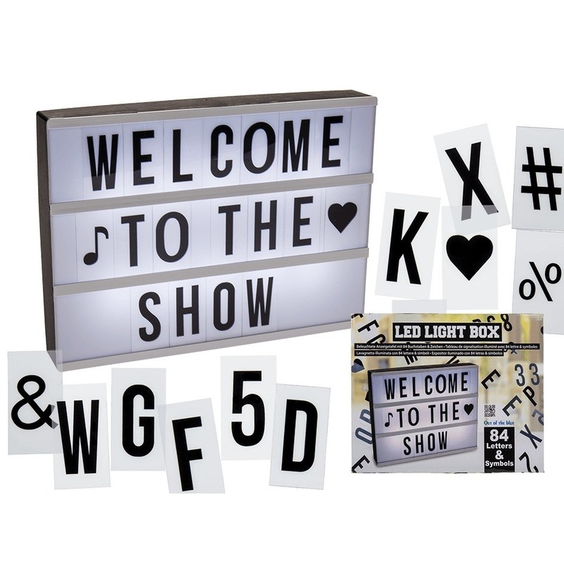 Zwarte A4 LED-lichtbox met losse letters en symbolen